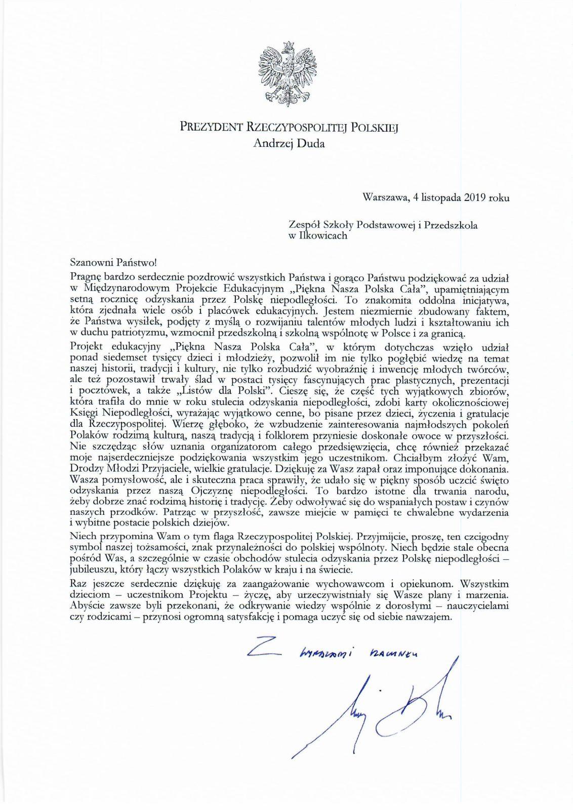 LIST OD PREZYDENTA